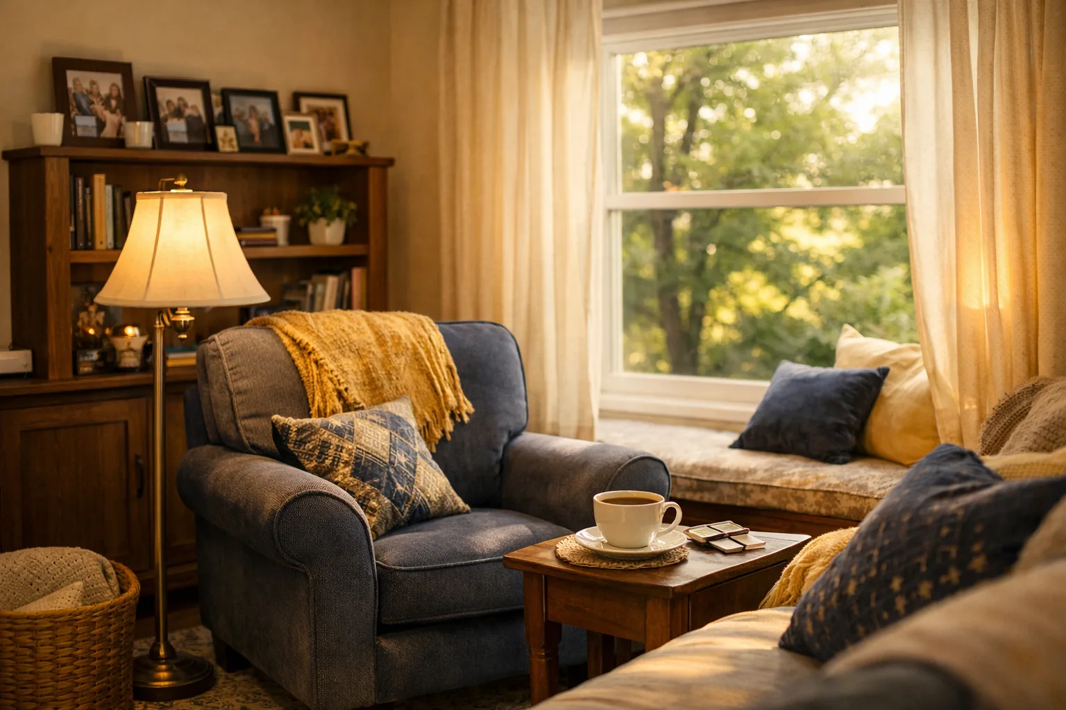 Gemütlicher Wohnbereich mit Sessel, Lampe und Fensterplatz