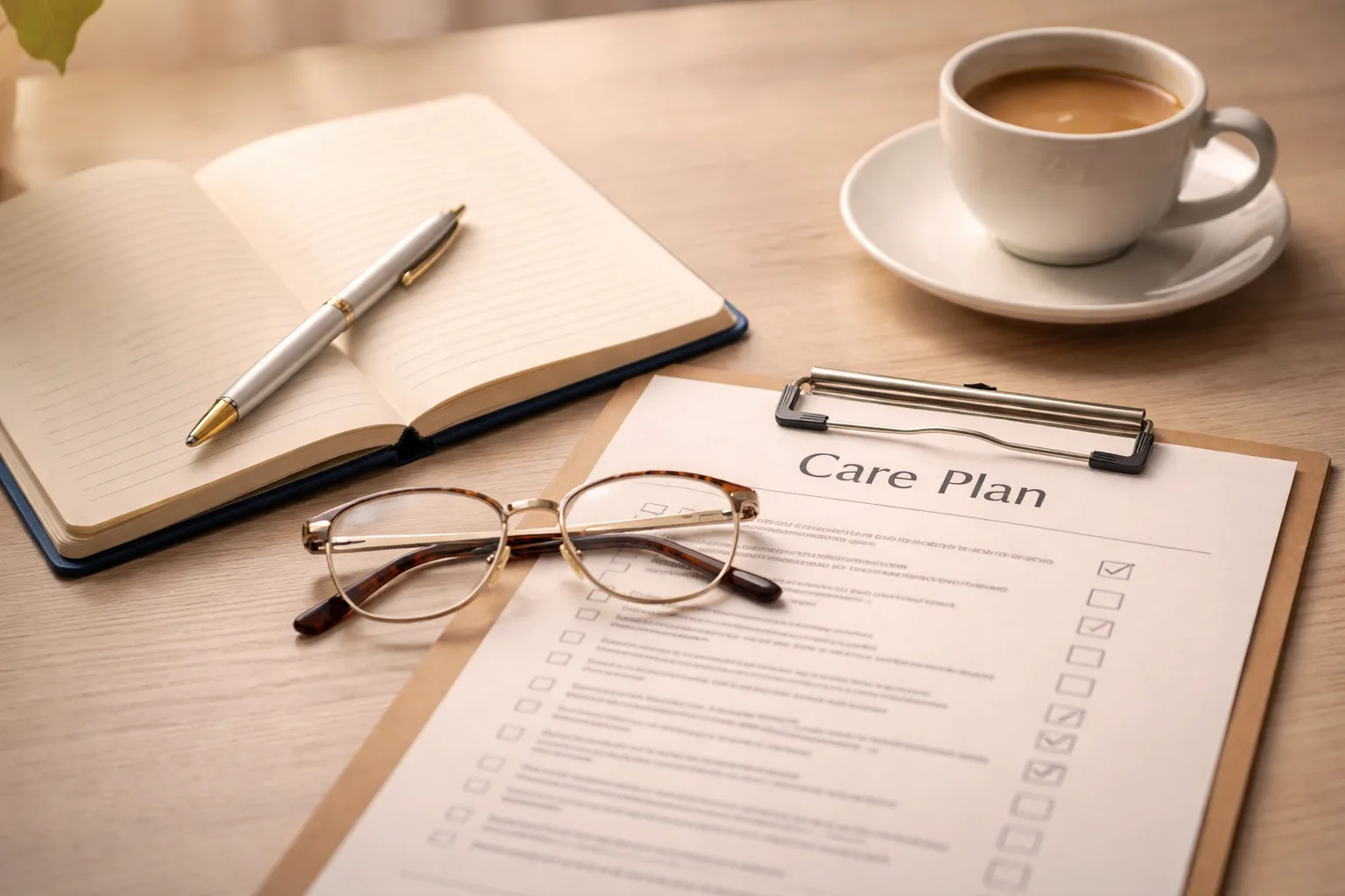 Pflegeplan auf einem Klemmbrett mit Brille, Notizbuch, Stift und einer Tasse Kaffee