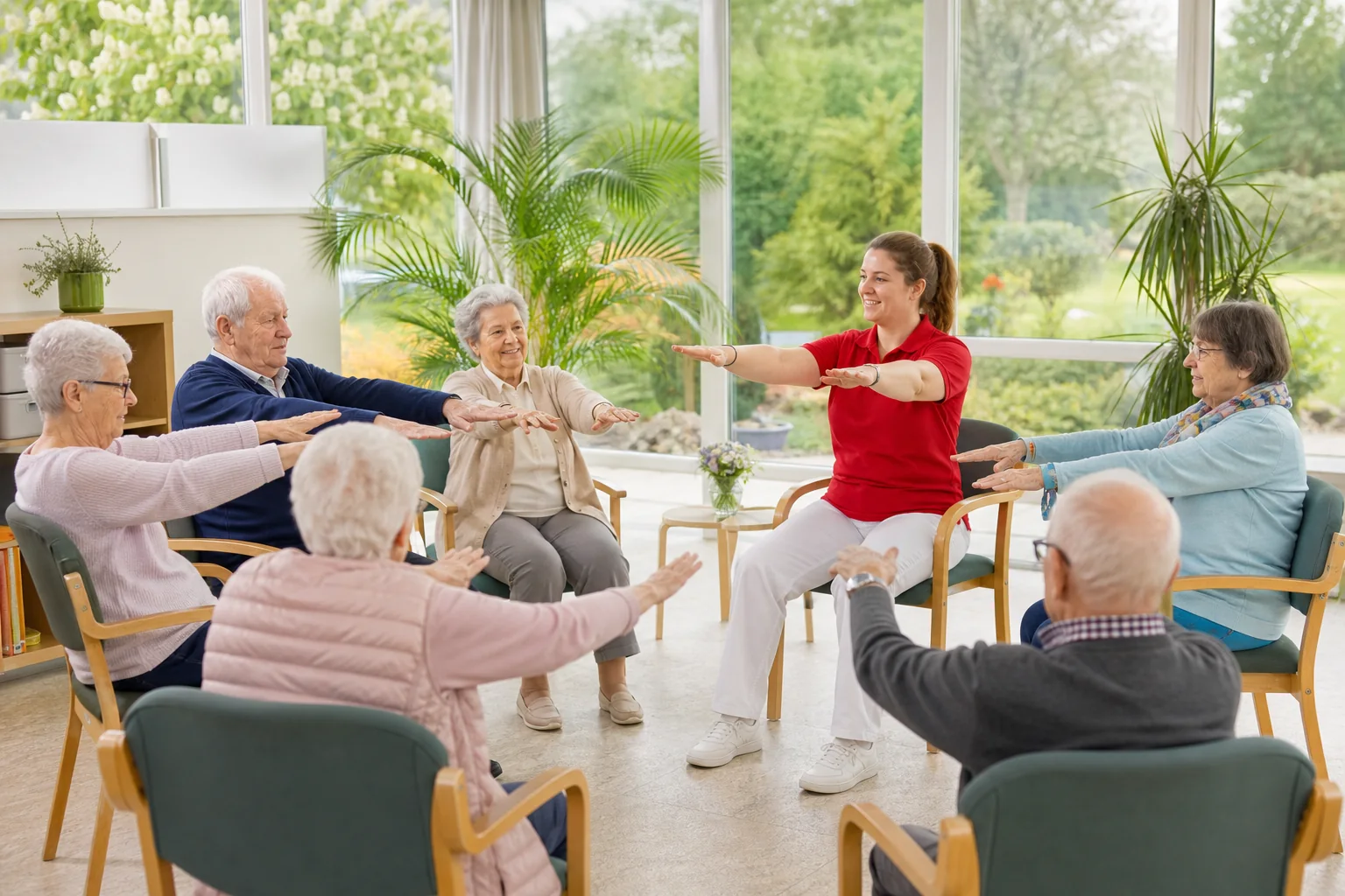 Seniorinnen und Senioren bei gemeinsamer Sitzgymnastik