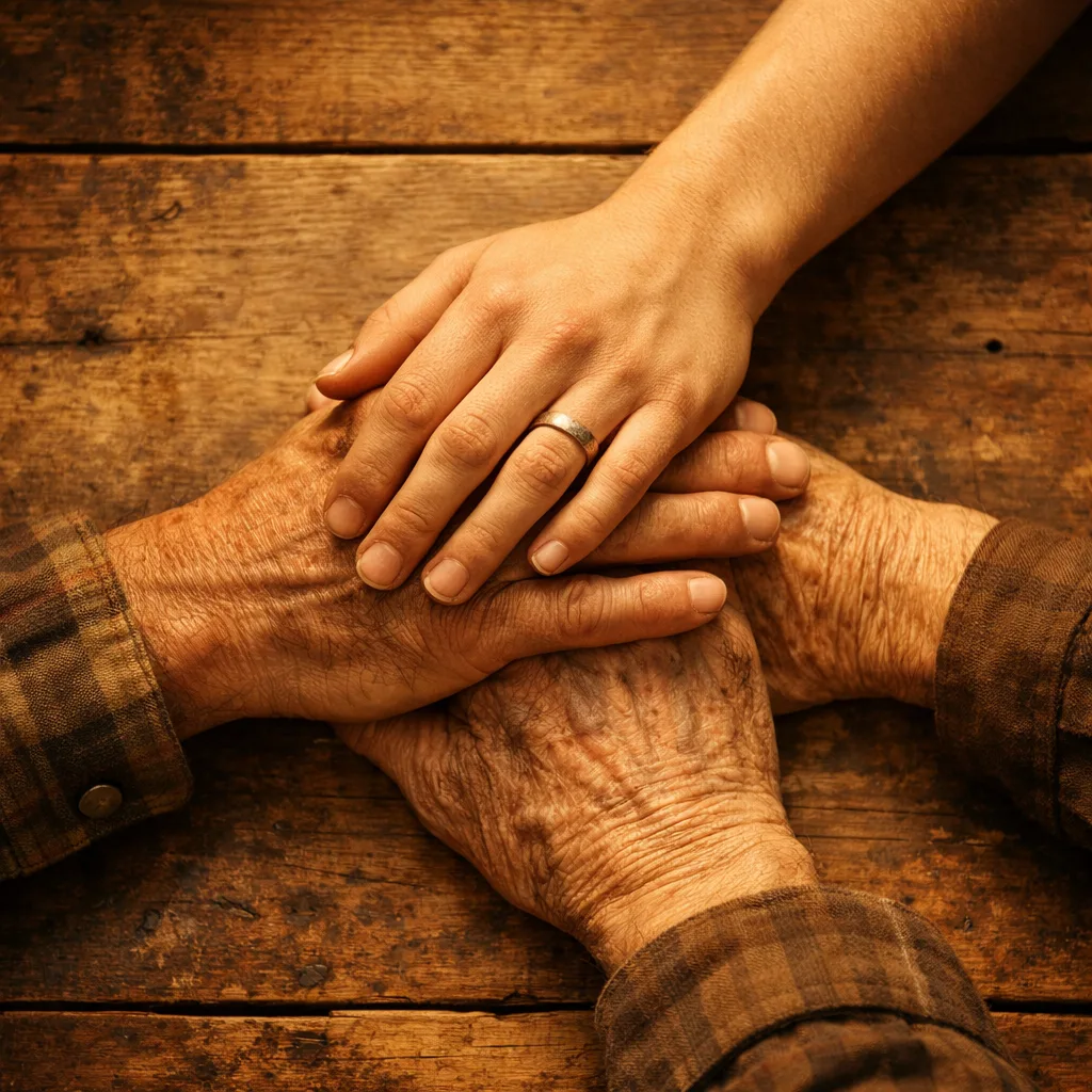 Hände verschiedener Generationen liegen gemeinsam übereinander